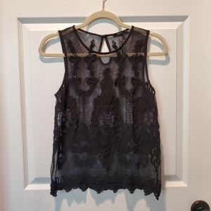 Forever 21 Sheer Mesh Embroidered Tank Top, black, size small